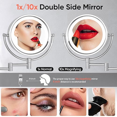 Miniatura 3 de GURUN Wall Mounted Hardwired Makeup Mirror with 3 Tones Dimmable LED Lights 10x Magnifying Mirror with Touch Control for Bathroom Bedroom 13