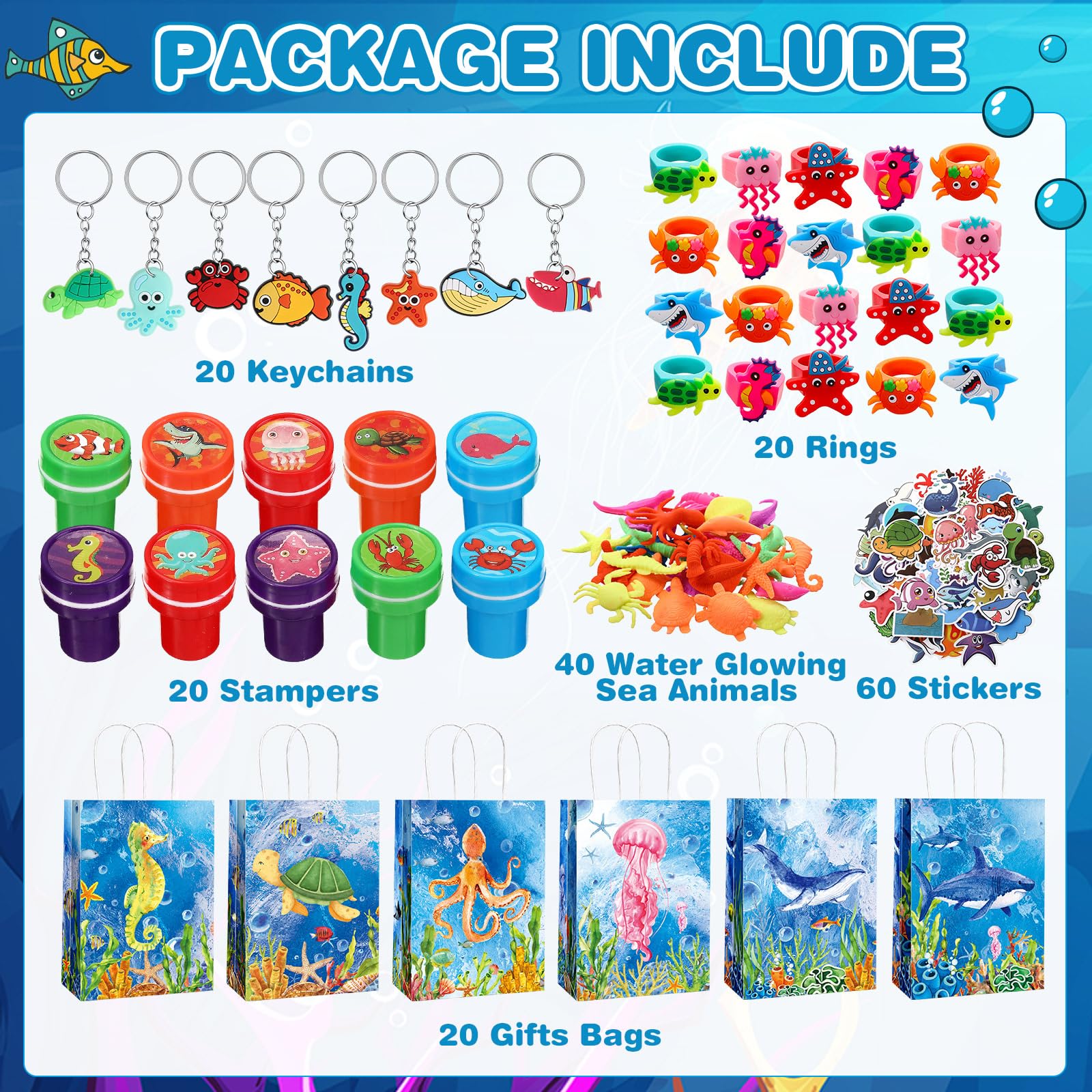 Threan 200 Pcs Under the Sea Party Favors for Friends Animals Ocean Birthday Supplies Under the Sea Party Decorations with Gift Bag for Rewards Prize Piñata Filler Goodie Bag Stuffers