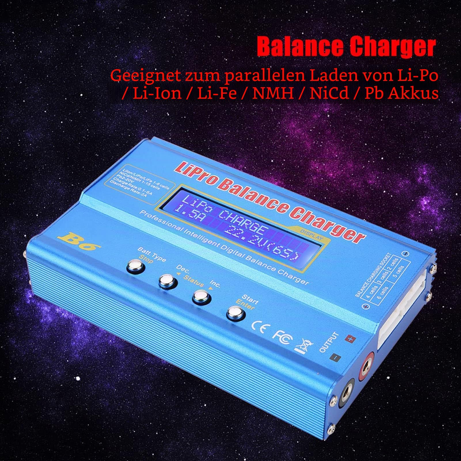 Fafeicy 80 W/M RC LiPo und NiMH Ladegerät, Digital LCD Balance Charger, Parallel-Laden, 1-6 Zellen LiPo, 1-15 Zellen NiMH, 0,1-6,0A Ladestrom, DC 10,0-20,0V Arbeitsspannungsbereich