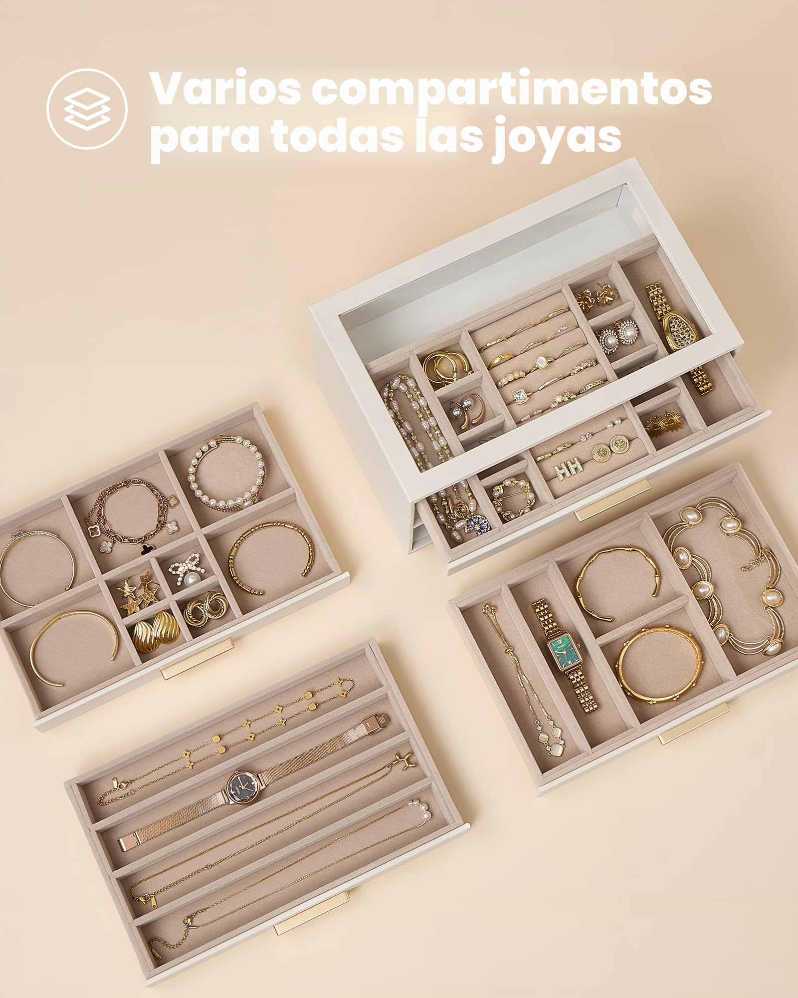Caja Organizadora de Joyas 4 Niveles con Tapa de Vidrio, Joyero para Anillos Pendientes Pulseras Collares, Estuche Almacenamiento Mujer, Beige