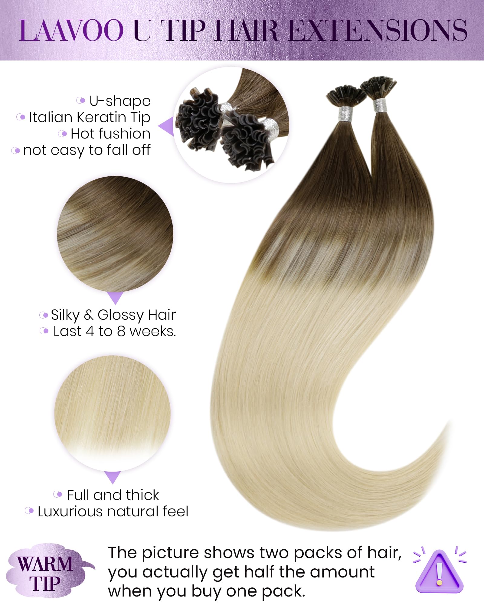 LaaVoo Human Hair Extensions U Tip Real Blonde, Remy Straight Balayage Light Brown to Bleach Blonde Real Hair Extensions, Hot Fusion for Invisible & Stable 50s 50g 16 Inch #8/59 - Image 2