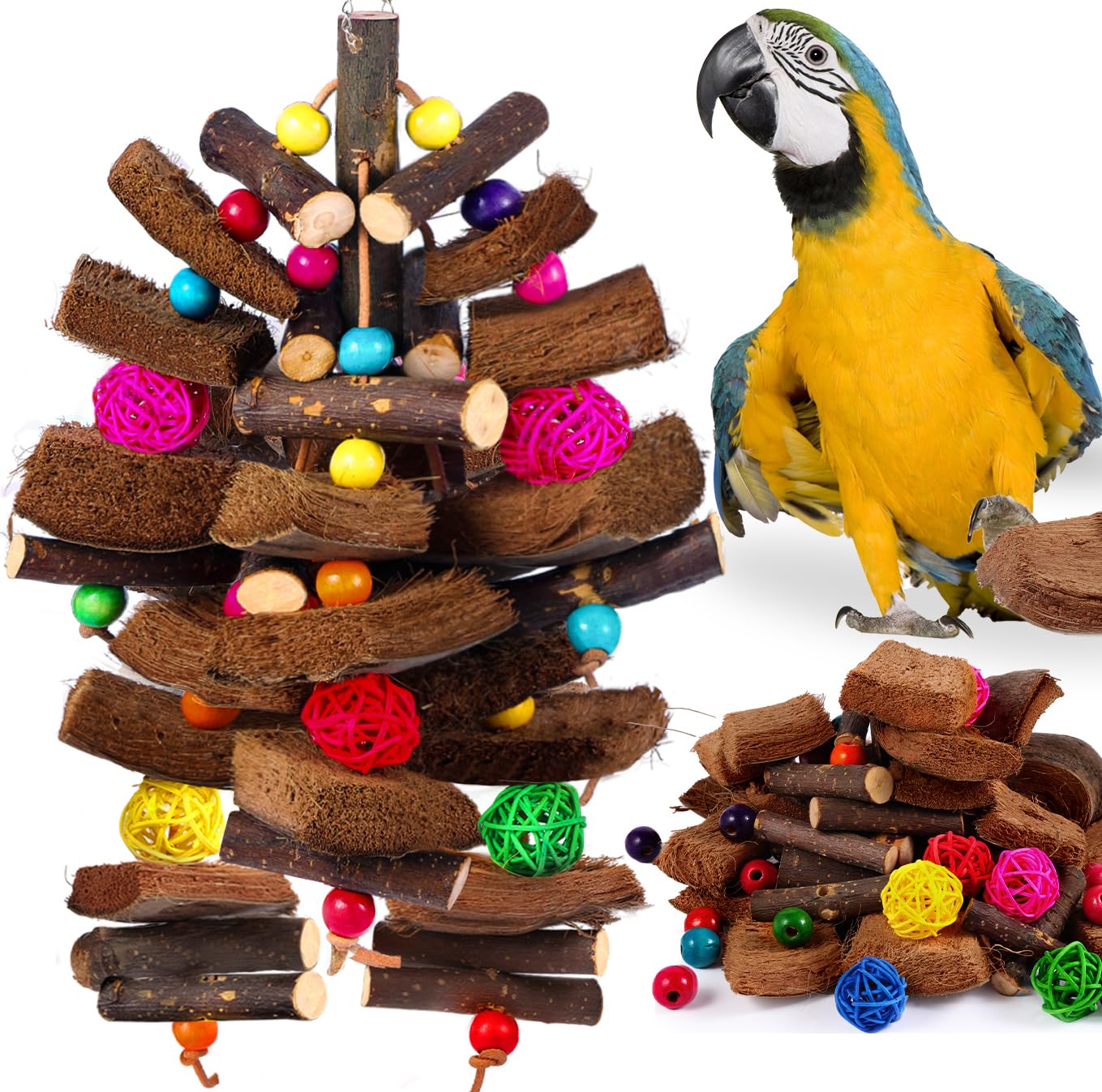 Kyouki Bird Toy for Parrots?Cockatiels, Budgies, Conures, Macaws, Lovebirds, Amazons and Other Small/Medium/Large Birds - Chewable & Shreddable Natural Coconut Husk Enrichment Toy (Medium DIY)