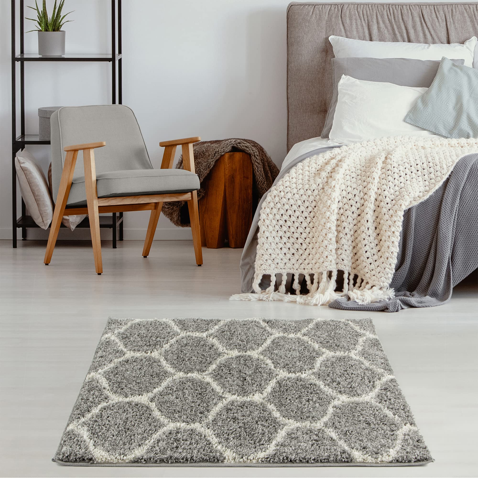 THE RUGS Shaggy Rug, Modern Moroccan Design Rugs for Living Room Bedroom, Hallway, 3 cm Thick Area Rugs, (Trellis Grey/Ivory - Image 3