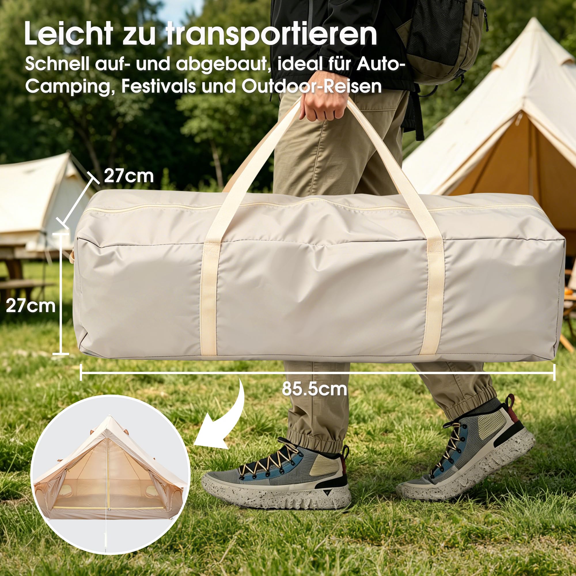 Bell Tipi Zelt Outdoor, 3M & 4M 4-Jahreszeiten Canvas Wasserdichtes Zelt für Camping, 4M Zelt Abnehmbarer Seitenwand, Gruppen Familien, Camping, Feste