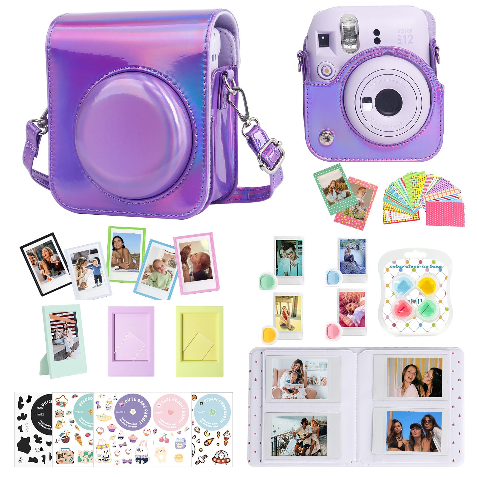 CAIYOULE Accessories for Fujifilm Instax Mini 12 Camera, Accessory Bundle Include PU Leather 12 Case, Mini Picture Album, Frames, DIY Stickers, Color