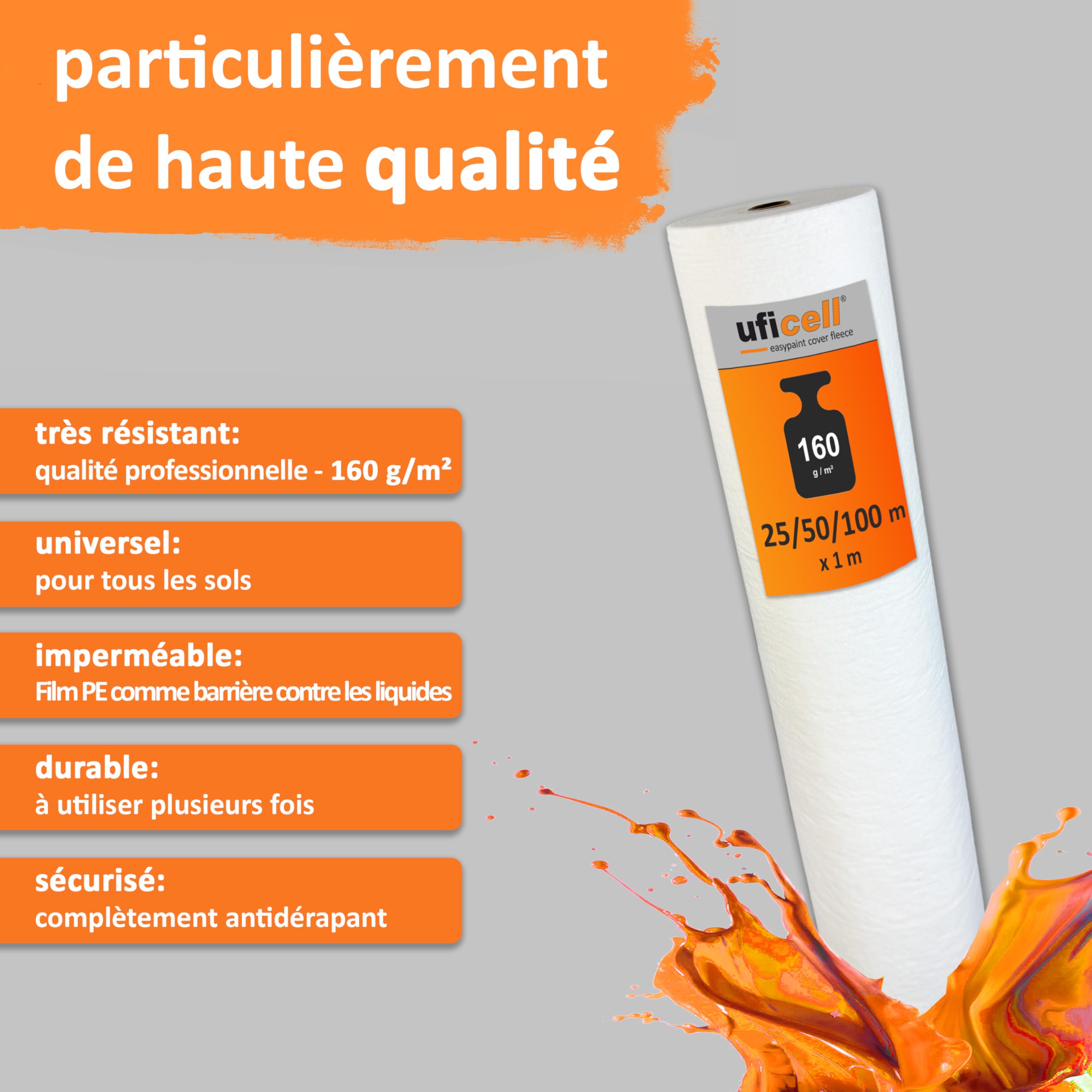 easyliner® non-tissé de peintre avec revêtement adhésif - 25 m² - Qualité supérieure - Poids: 160 g/m² - Protection parfaite pour les revêtements de sol (rouleau de 25 m²)