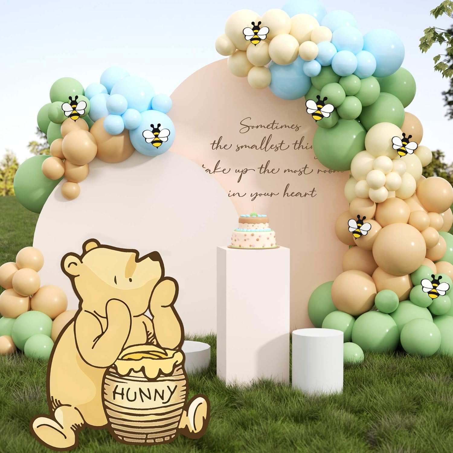 Classic Winnie Bear Baby Shower Birthday Decorations Cutout Large, Neutral Pooh Bear Coroplast Cutout Prop with Stand Balloons Bee Stickers for Winnie Gender Reveal First Birthday Decorations
