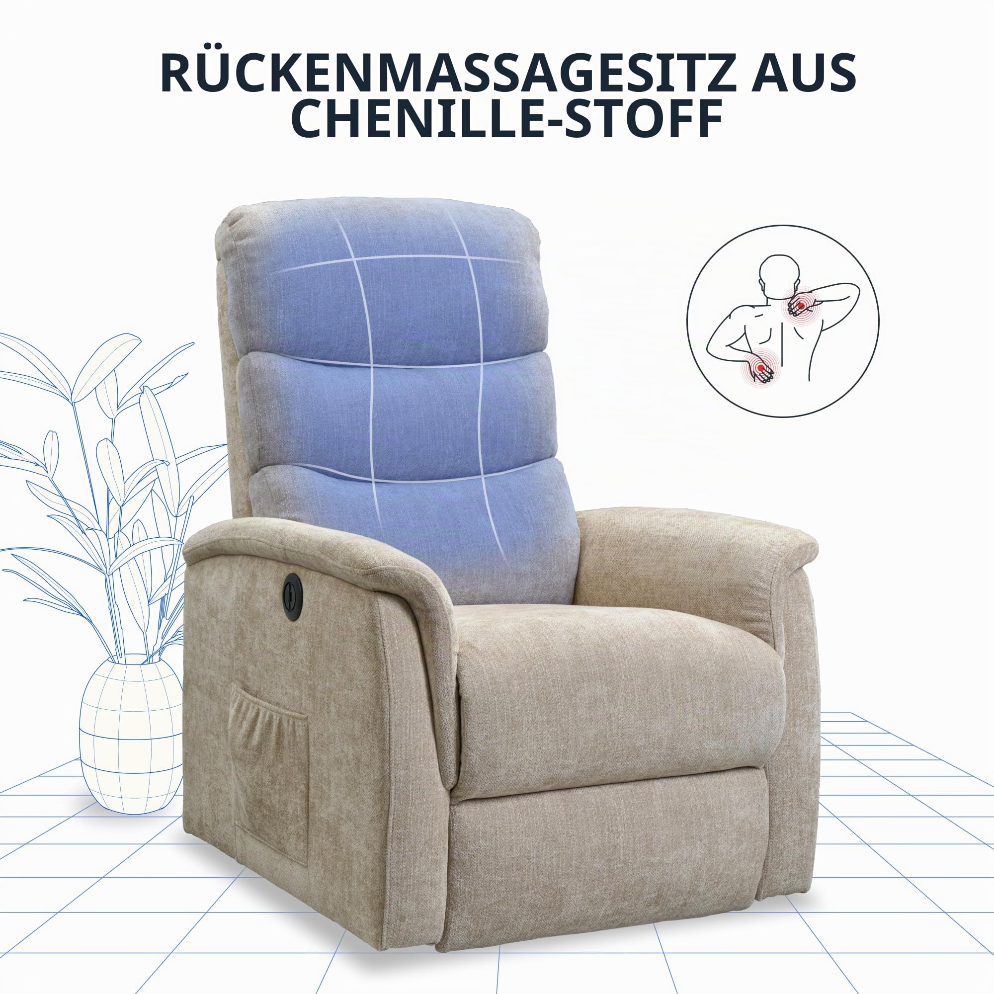 FLEXISPOT Relaxsessel, Aufstehsessel mit versteckter Becherhalter & Armlehnen-Aufbewahrung, Massagesessel mit Heizungfunktion im Wohnzimmer, Fernsehsessel, Liegesessel mit USB (Beige)