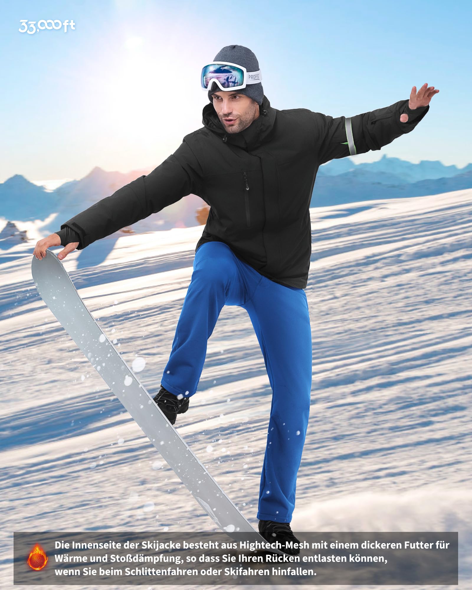 33,000ft Herren Skijacke Wasserdichte Winddichte Warme Outdoorjacke Winterjacke Funktionsjacke Atmungsaktive Snowboardjacke Softshell Jacke mit Kapuze