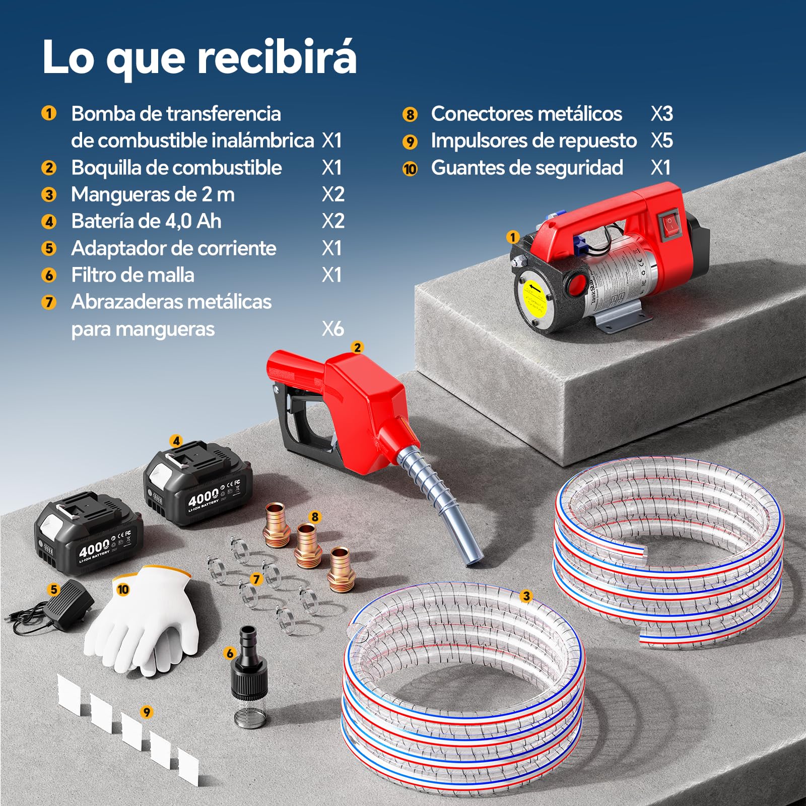 Bomba de Trasvase Diesel a Batería 21V: Caudal 45 L/min, bomba de combustible eléctricas para diésel y queroseno, con batería de 2 x 4,0 Ah, boquilla y 2 mangueras de 2 m - Para camiones y tractores