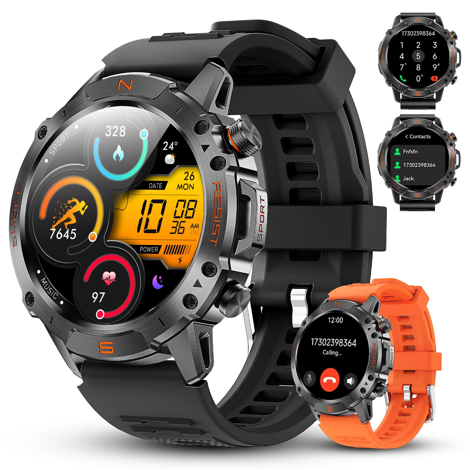 WalkerFit Montre Connectée Homme Outdoor, 1,43'' AMOLED Lisible au Soleil, Étanche 5ATM, Appels Bluetooth, Autonomie 60 Jours, Boussole, 170+ Modes Sport, Smartwatch Android/iOS (Noir)