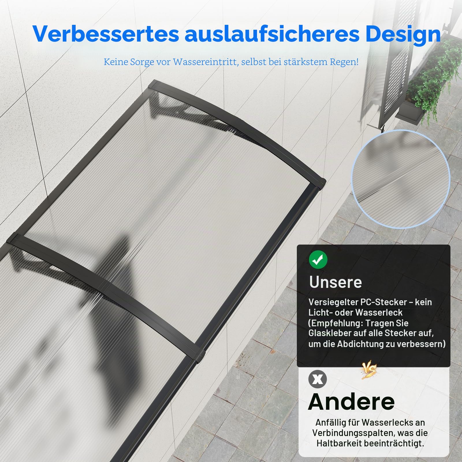 Vordach für Haustür,200x100cm Fenstervordach für Türen,Polycarbonat Pultvordach Überdachung für UV-,Regen- und Schneeschutz – Ideal für Veranda, Terrasse und Fenster