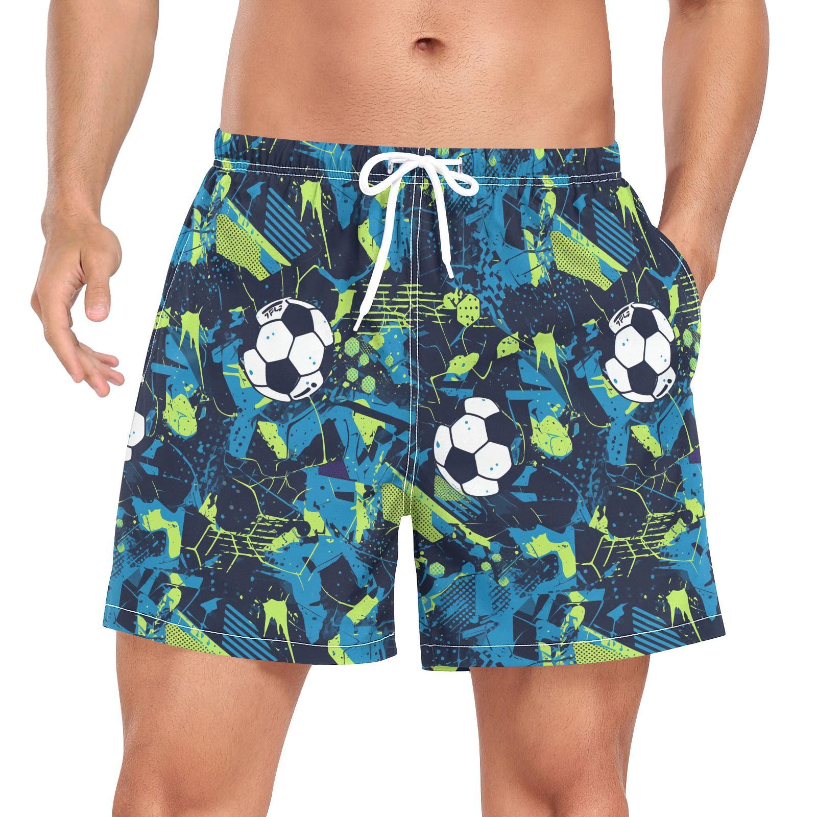 JUNZAN Grunge Football Men Swim Trunks Men's 2 Layer Workout Shorts with Compression Liner Inseam Board Shorts Blue