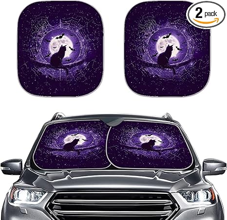 Purple Moon Cat Printed Auto Front Window Sunshade Foldable Sun Shade for Cars Trucks Suvs - 2 Pieces Halloween Car Interior Decor