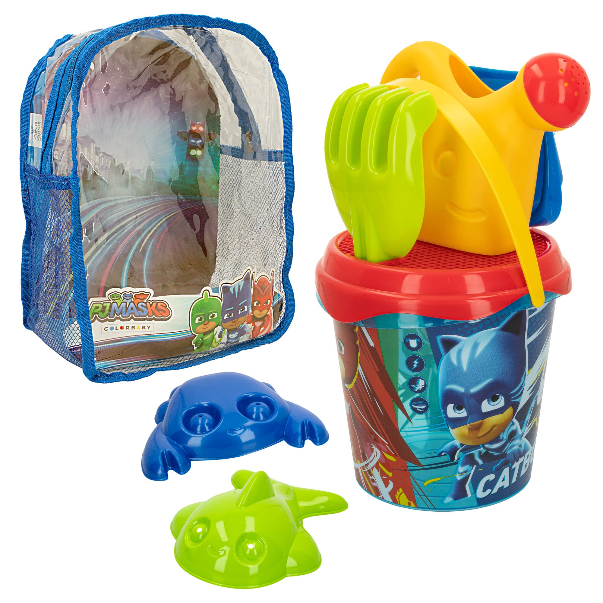 COLORBABY 77348 - PJ Masks Set Cubo de Playa Infantil con Mochila, Pala, rastrillo, regadera y Accesorios, Juguetes de Verano para niños y bebés