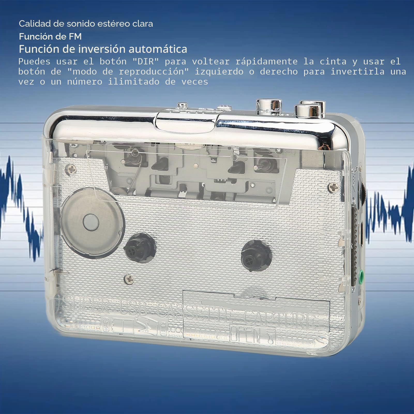 Reproductor de Casetes Portátil, Sonido Estéreo Claro, con FM, función de Rebobinado Automático y Toma de Auriculares de 3,5 MM, Alimentado por USB para Escuchar Palabras y Canciones