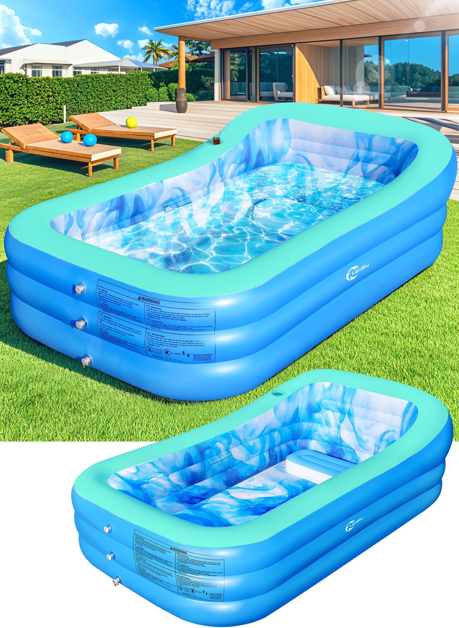 Inflatable Pool with Big Backrest and Seat,Oversized Thickened Large BlowUpPool for Adults,Inflatable Backyard Pools for Adult,Durable Swimming Pools Summer Water Party98 x63 x21.6(Green)