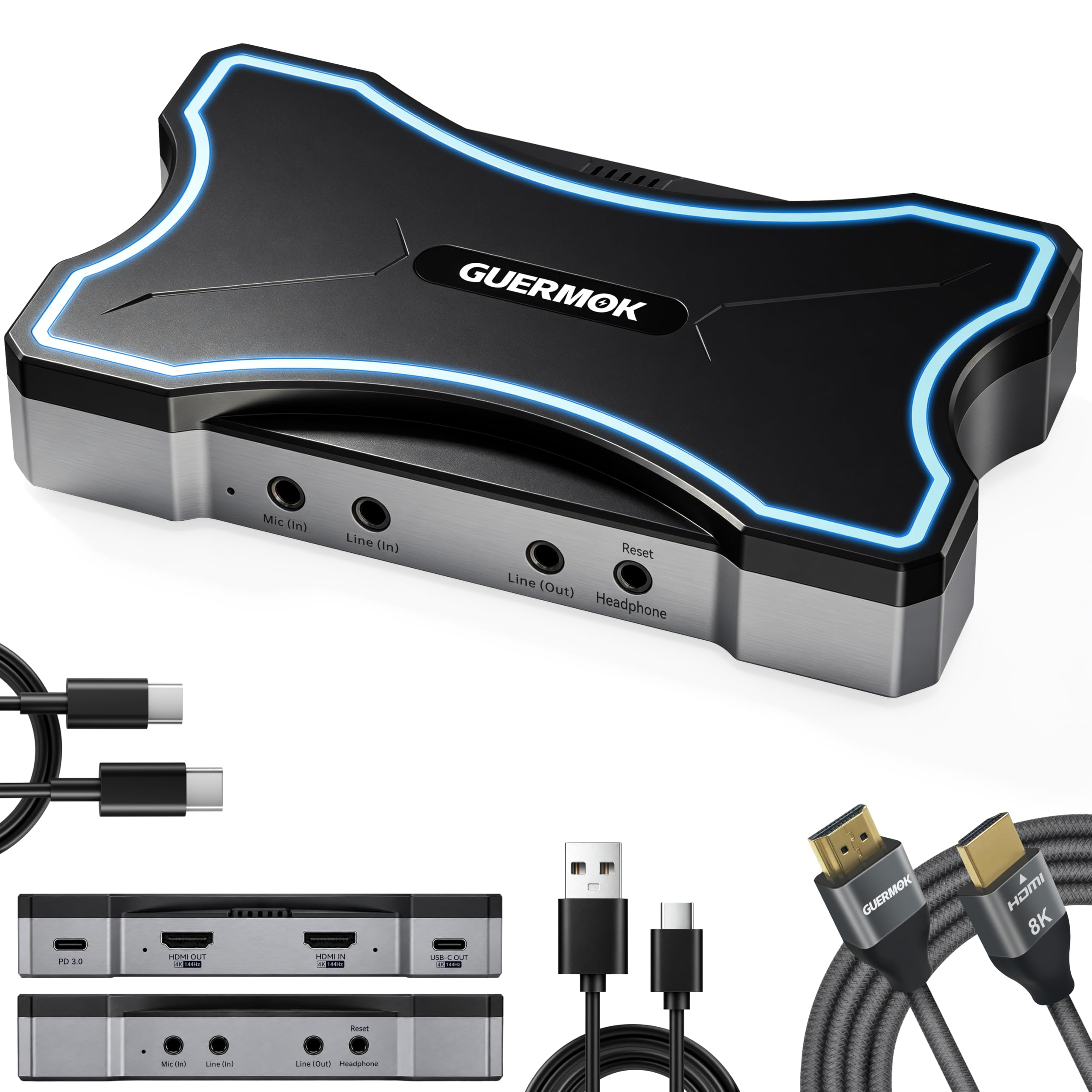 Guermok Scheda di acquisizione HDMI 2.1 4K144, acquisizione video RGB24 4K30FPS, HDR10/VRR | PD100W, USB3.2 Gen2, 2K240/1080P360 Pass-Thru, Mic/Line In, Line Out, per PS5/4/Xbox1/Switch 2/PC/Mac/iPad, OBS Stream/Record