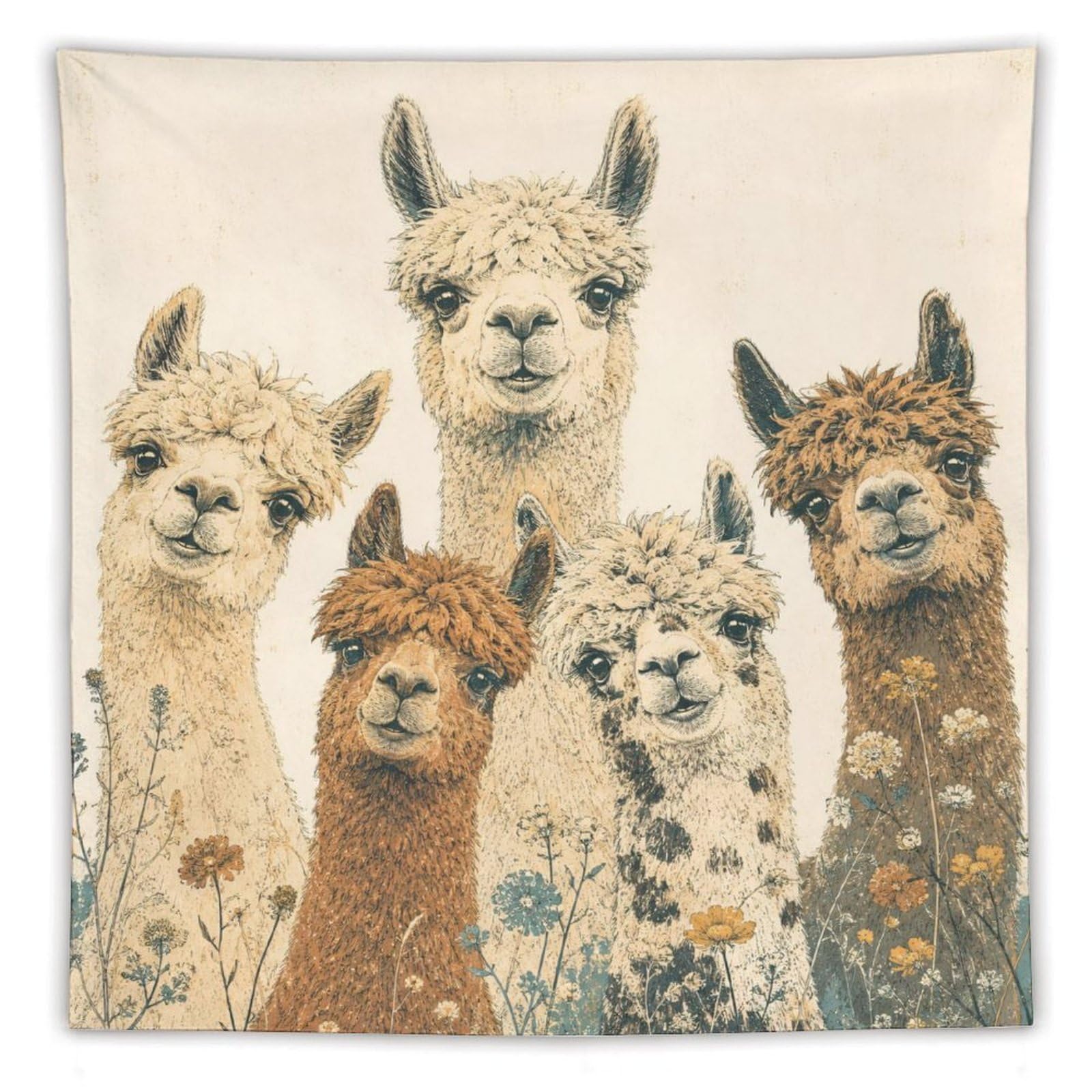 W7C8U2X3 Alpaca Family Portrait Wall Tapestry, Watercolor, Ceiling Hanging