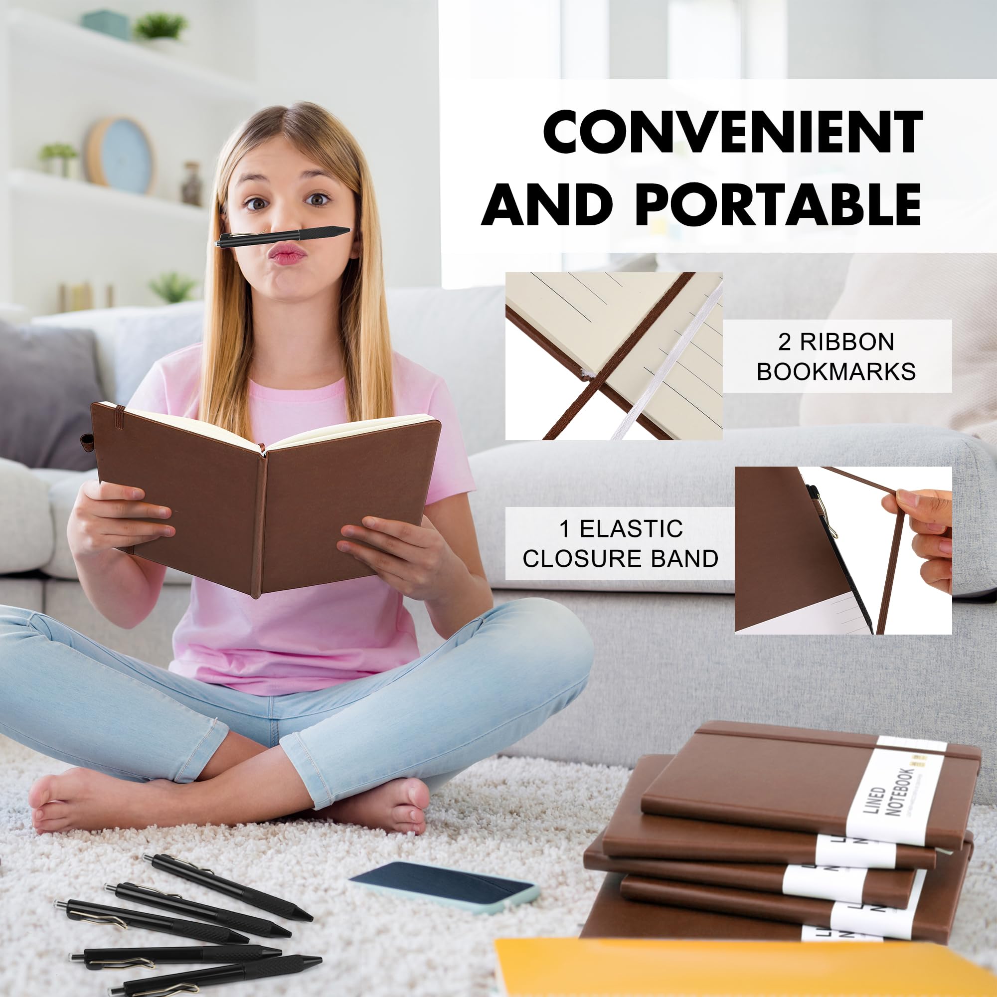 Aodaer Set di 12 quaderni a righe con penne, formato A5, 100 g/m², a righe, con copertina rigida, in pelle PU, con portapenne, per ufficio e scuola, 14 x 21 cm, marrone scuro