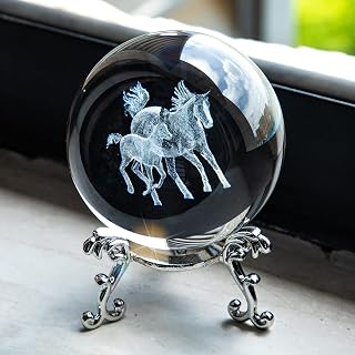 HDCRYSTALGIFTS 60mm 3D Laser Engraved Horse Crystal Ball Paperweight - K9 Glass Figurine for Feng Shui Home Decor & Gifts