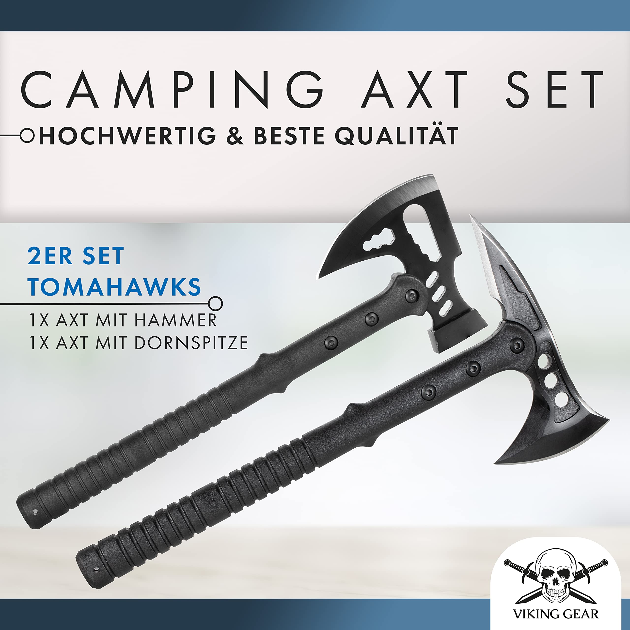Set 2 Äxten 1x M48 Tactical Tomahawk mit Sanddorn - 1x Survival-Axt mit Hammer perfekt als Outdoor-Campingaxt - Axt mit Nylontasche