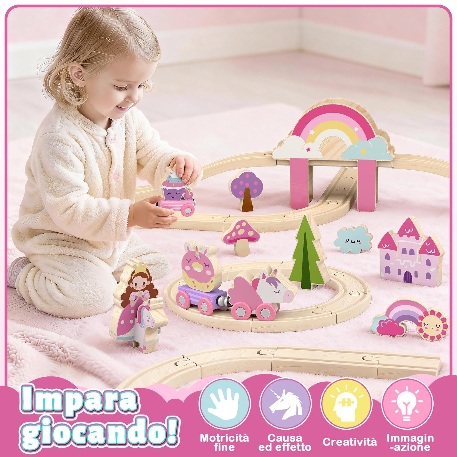 Lehoo Castle Trenino Legno, Pista in Legno per Bambini, Unicorno Bambina Regalo, Trenino Giocattolo