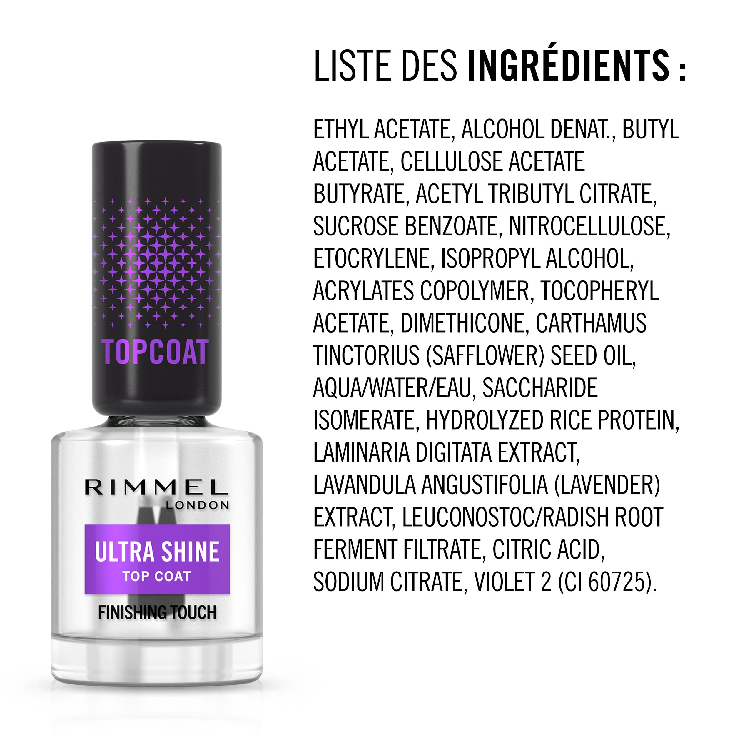 Rimmel London Ultra Shine Vernis top coat, effet ultra-brillant, fait durer la manucure, protège et sublime le vernis à ongles, formule vegan, 12 ml