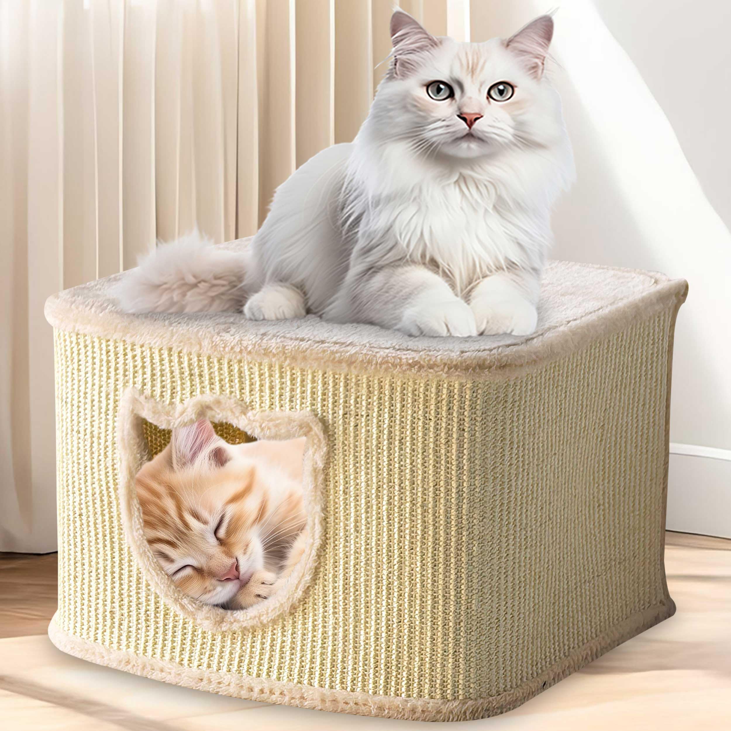 zooprinz Premium Katzenhaus – Katzenkorb für Katze – mit dicken Sisal Wänden an der Katzenbox – Höhle mit weichem Plüsch und Spielball – Katzenkiste im skandinavischen Look (Beige)