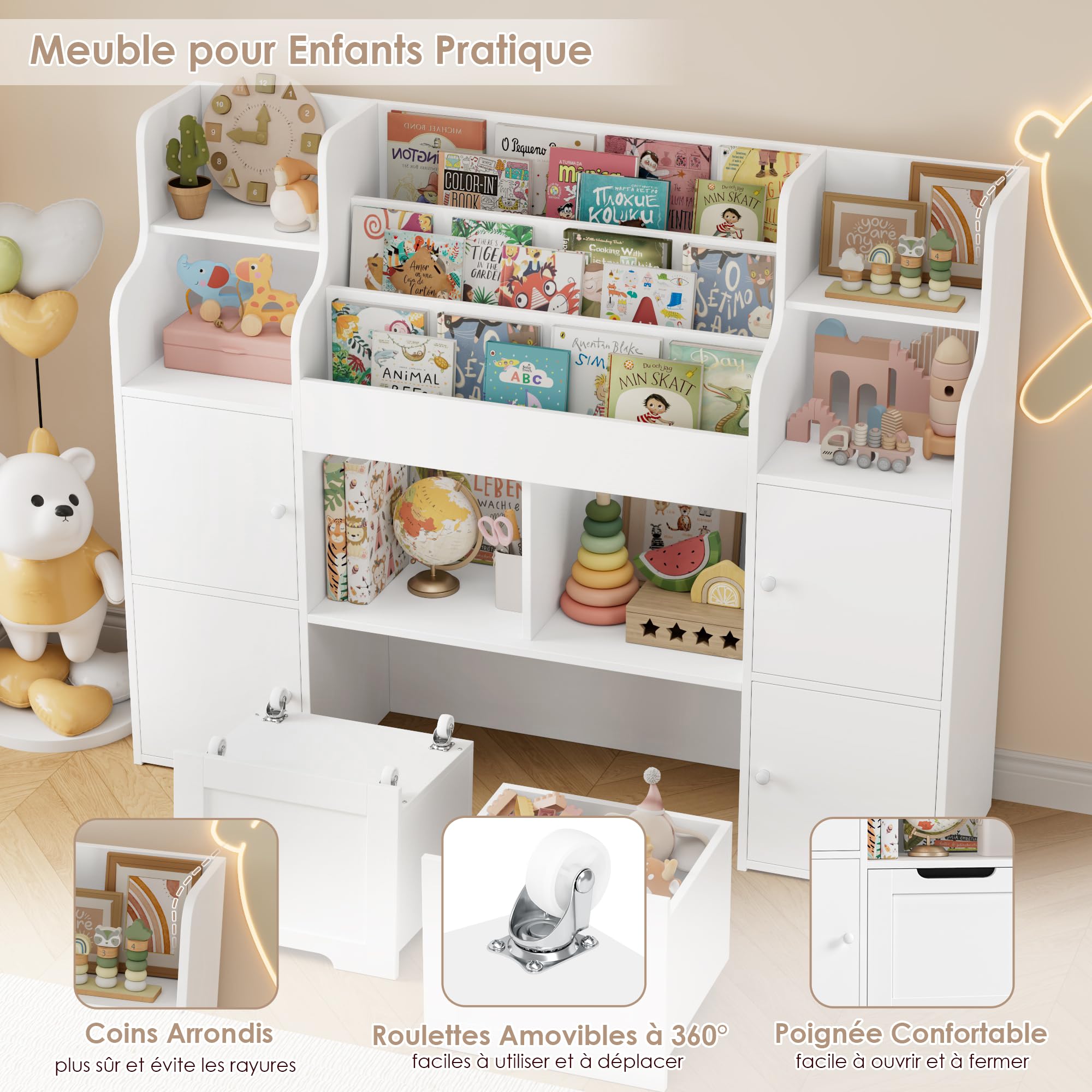 FOREHILL Meuble de Rangement Enfant Bibliothèque Enfant avec 13 Étagères Rangement Jouet avec 2 Tiroirs Roulants 2 Portes pour Chambre d'enfants Salle de Jeu 122x30x100cm Blanc