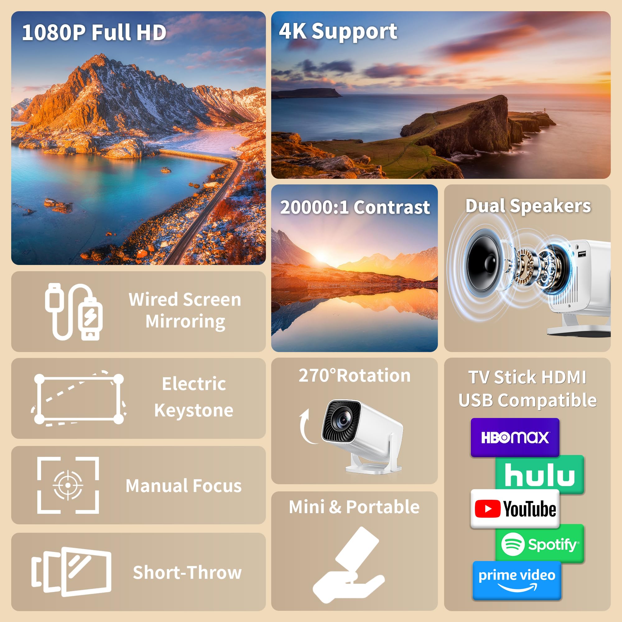 Mini Projector with 4K Support, Portable Projector with Electric Focus & Keystone, 270° Rotatable Stand, Short Throw Home & Outdoor Movie Projector Compatible with TV Stick, Phone & Laptop