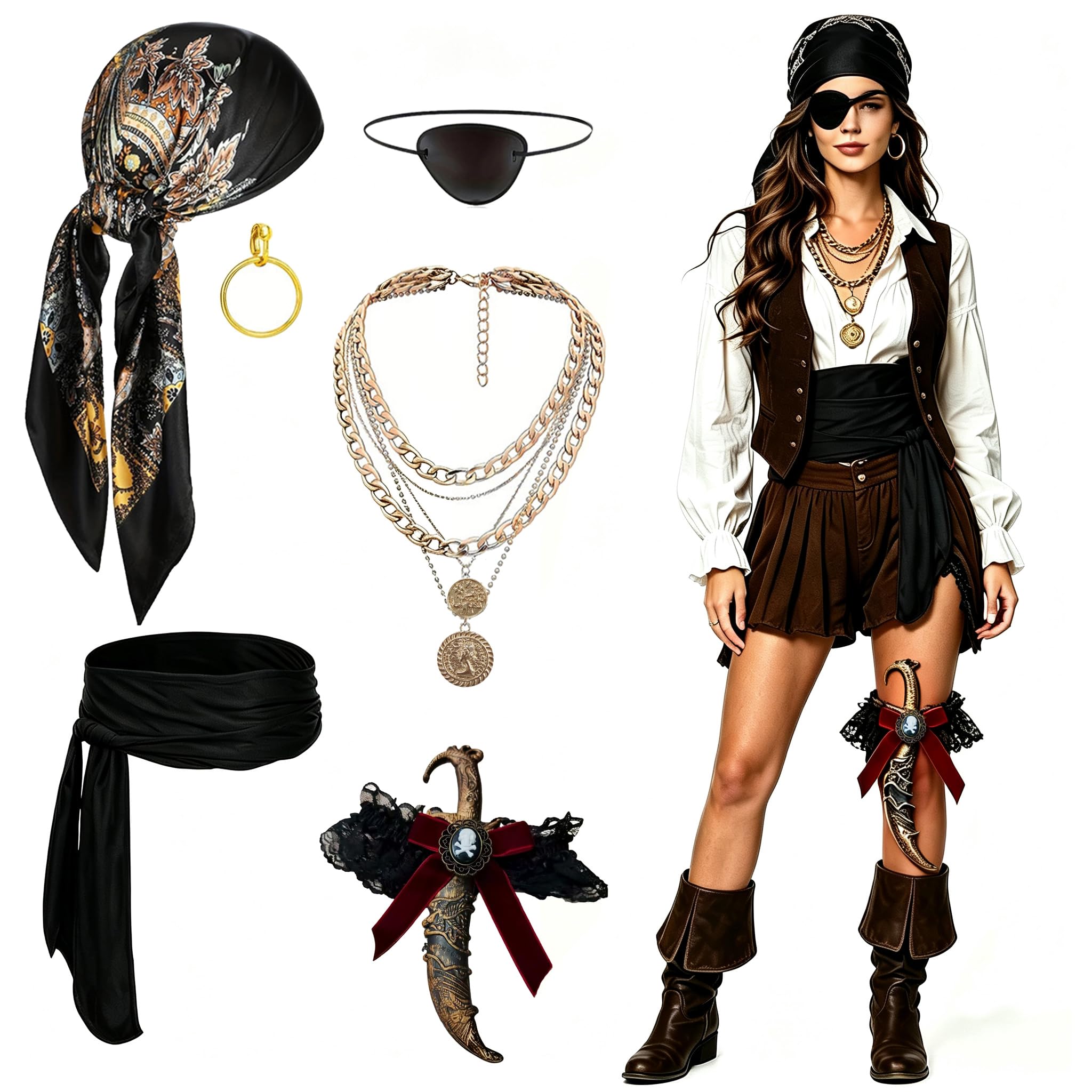 Pirate Costume Women, 6PCS Pirate Accessories for Ladies with Pirates Hat, Belt, Eye Patch, Sword Leg Band, Adults Fancy Bandana & Corset for Halloween, Black Female Outfits for Role Play Party