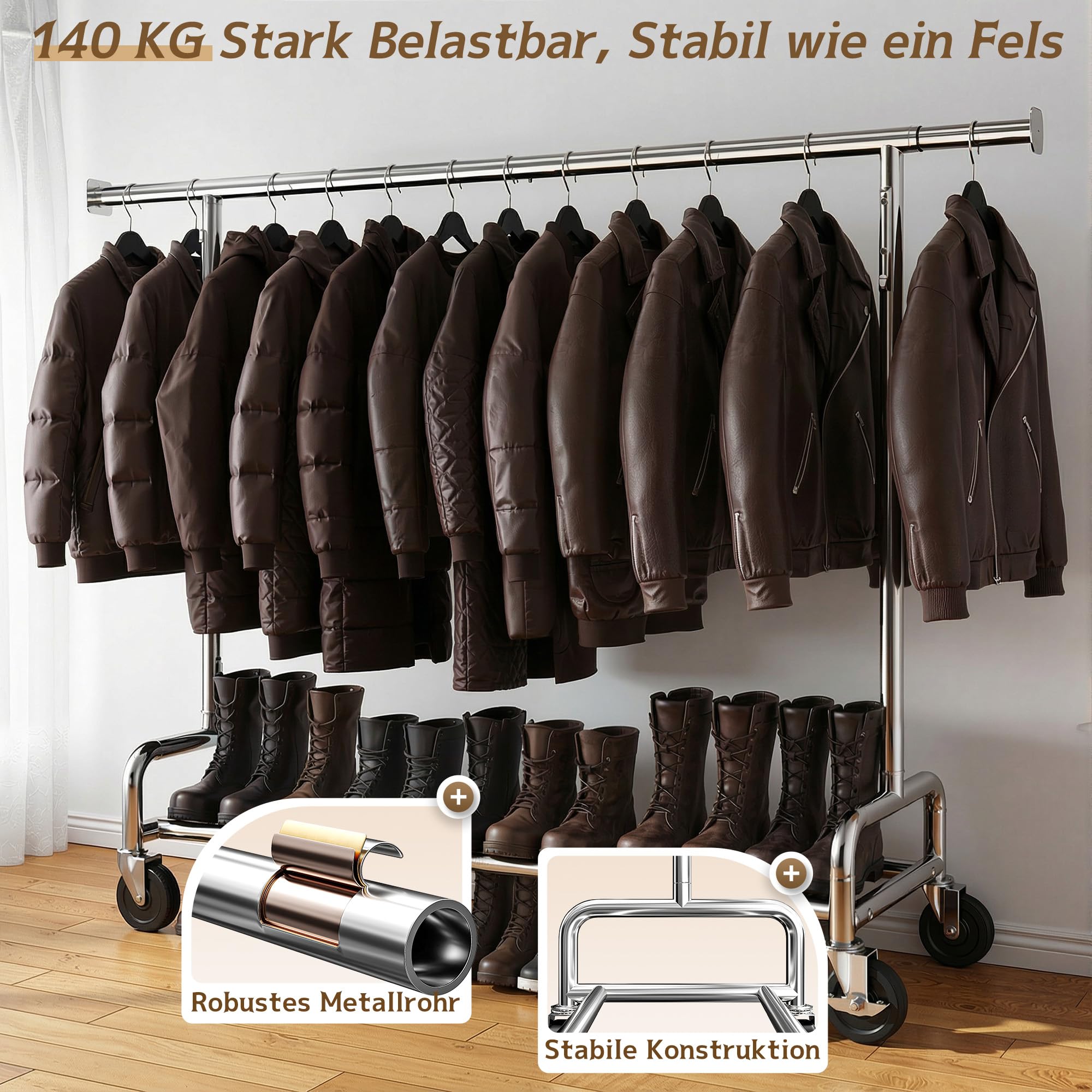Kleiderständer auf Rollen, 140KG Traglast Stabil Schwerlast Kleiderständer, 131–189cm Ausziehbare Kleiderstange, 146-170cm Höhenverstellbar Kleiderstange für Kleider, Pullover,Mäntel,Jacken