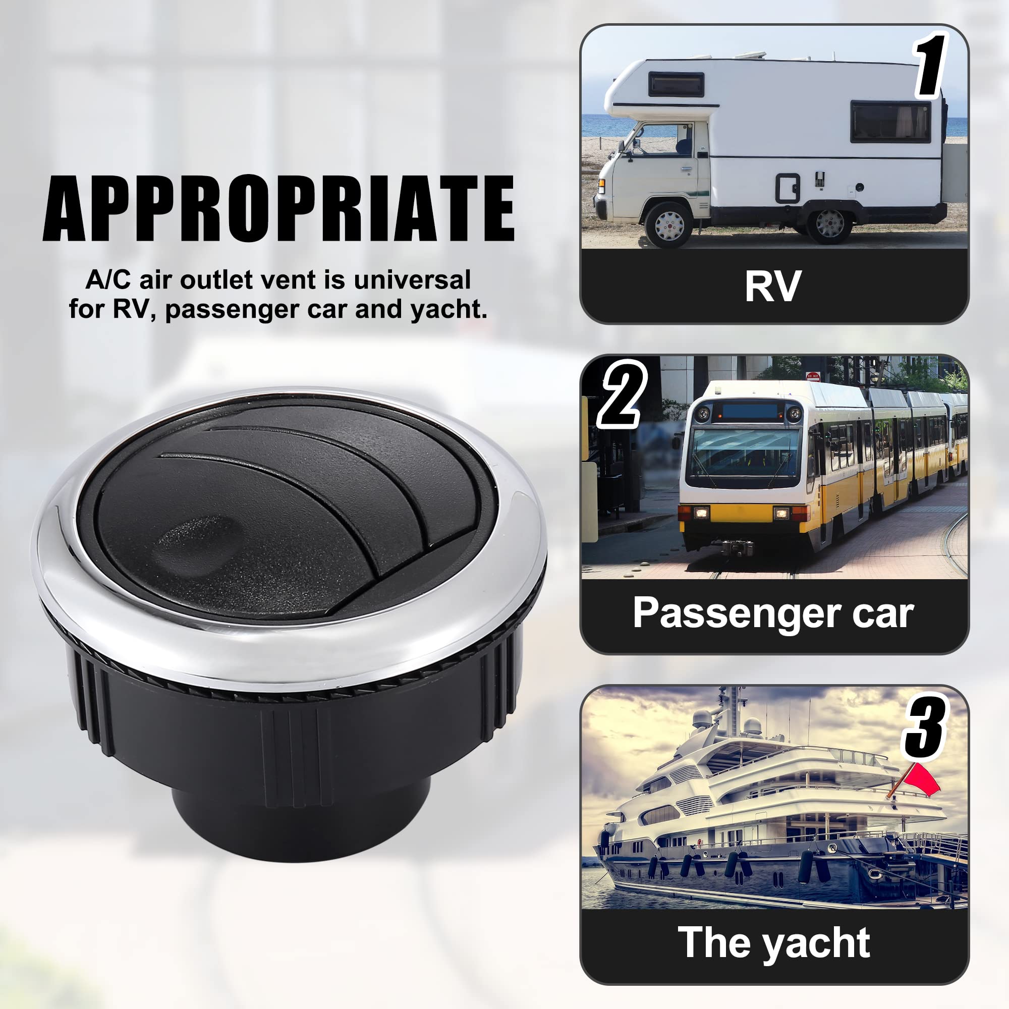 Motoforti Universal AC Air Vent Outlet – 87mm Round Louvered Vent, Black & Silver, 4 Pack For RV, Boat, Car