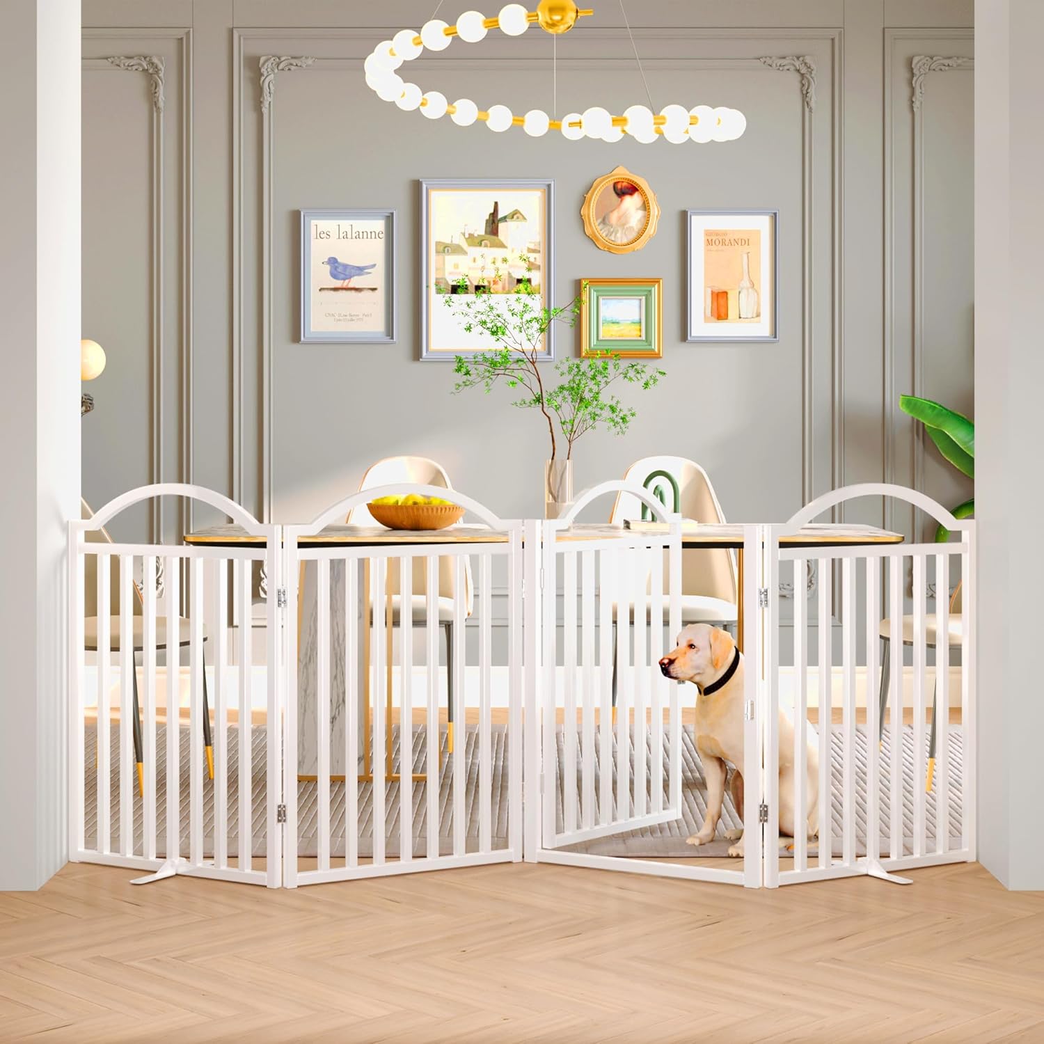 BHG Metal No-Assembly Freestanding Dog Gate with Door Walk Through, Extra Wide 96", Extra Tall 32" Pet Gate, Accordion Puppy Folding Playpen Dog Fence for Indoor & Outdoor, with 2PCS Support - White 4 Panels White