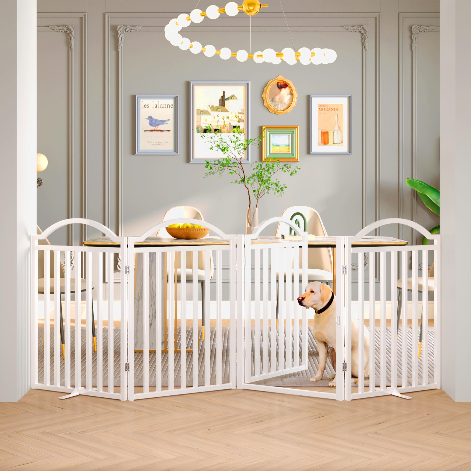 BHG Metal No-Assembly Freestanding Dog Gate with Door Walk Through, Extra Wide 96", Extra Tall 32" Pet Gate, Accordion Puppy Folding Playpen Dog Fence