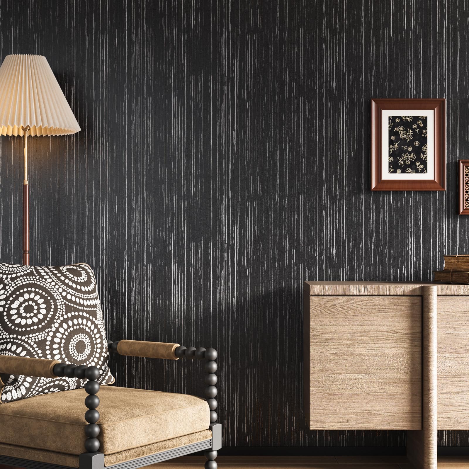 VaryPaper Black Silver Faux Grasscloth Wallpaper 40cmx200cm Textured Fabric Contact Paper Sticky Back Plastic Thick Lining Paper Black Linen Wallpaper for Living Room Bedroom Cupboards Furniture Wrap - Image 3