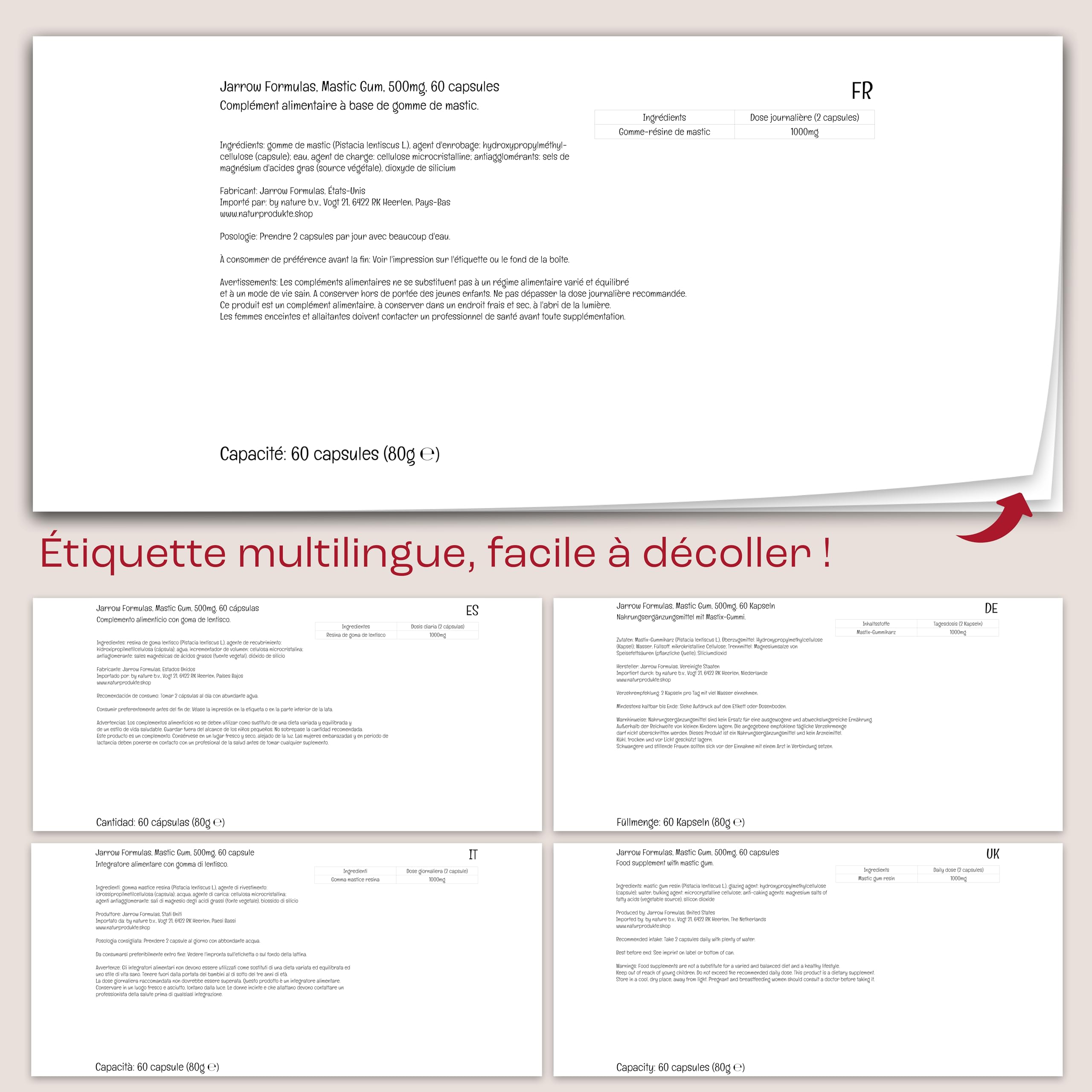 Jarrow Formulas, Mastic Gum, 1000mg, Résine de Gomme de Mastic, Haute Dosé, 60 Capsules végétaliennes, Végétarien, Sans Soja, Sans Gluten, Sans OGM