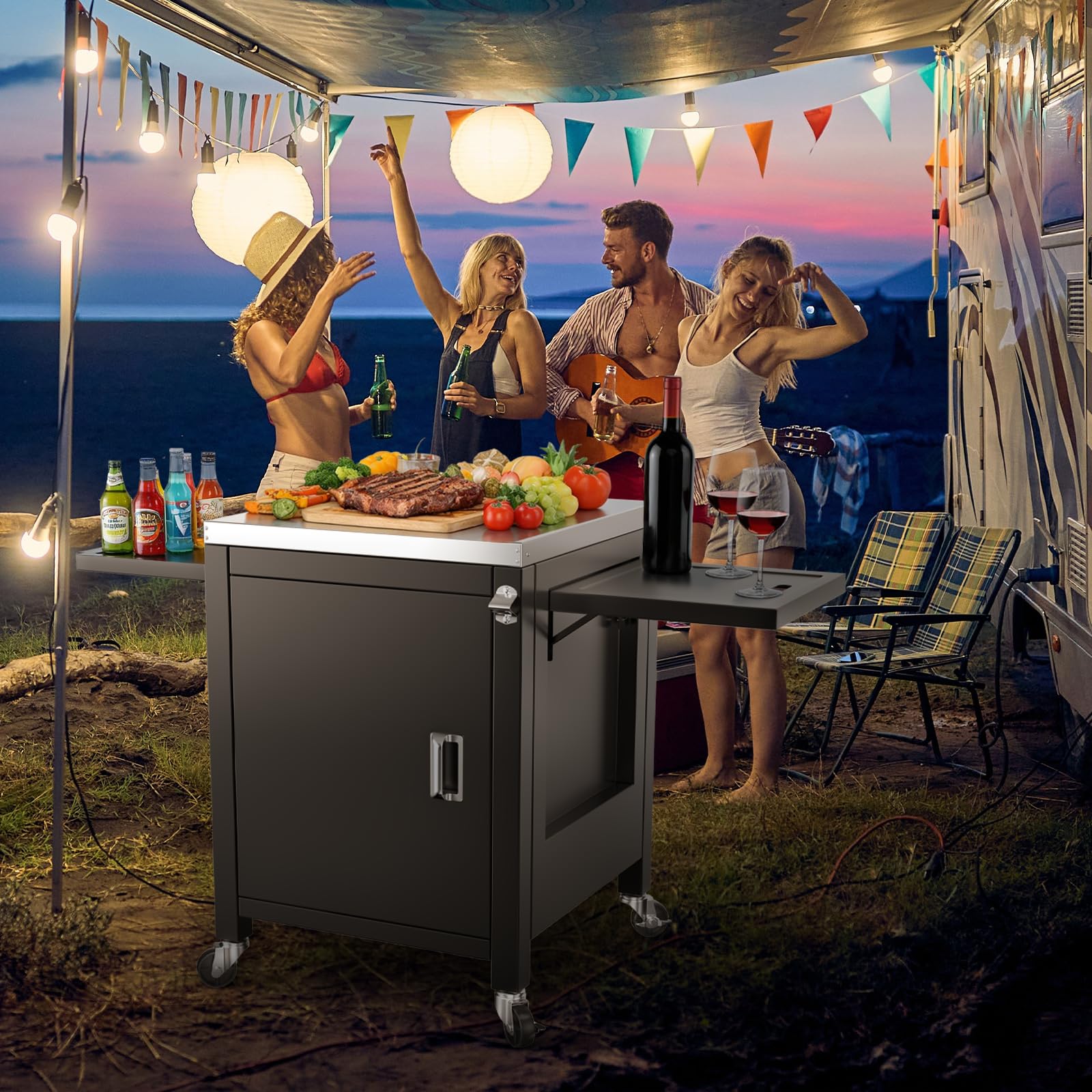 Denmay - Carro de cocina para exteriores con 2 mesas laterales plegables, carro de barbacoa portátil para hornos de pizza Onni, soporte de barbacoa para Ninja Woodfire y Weber Q Series