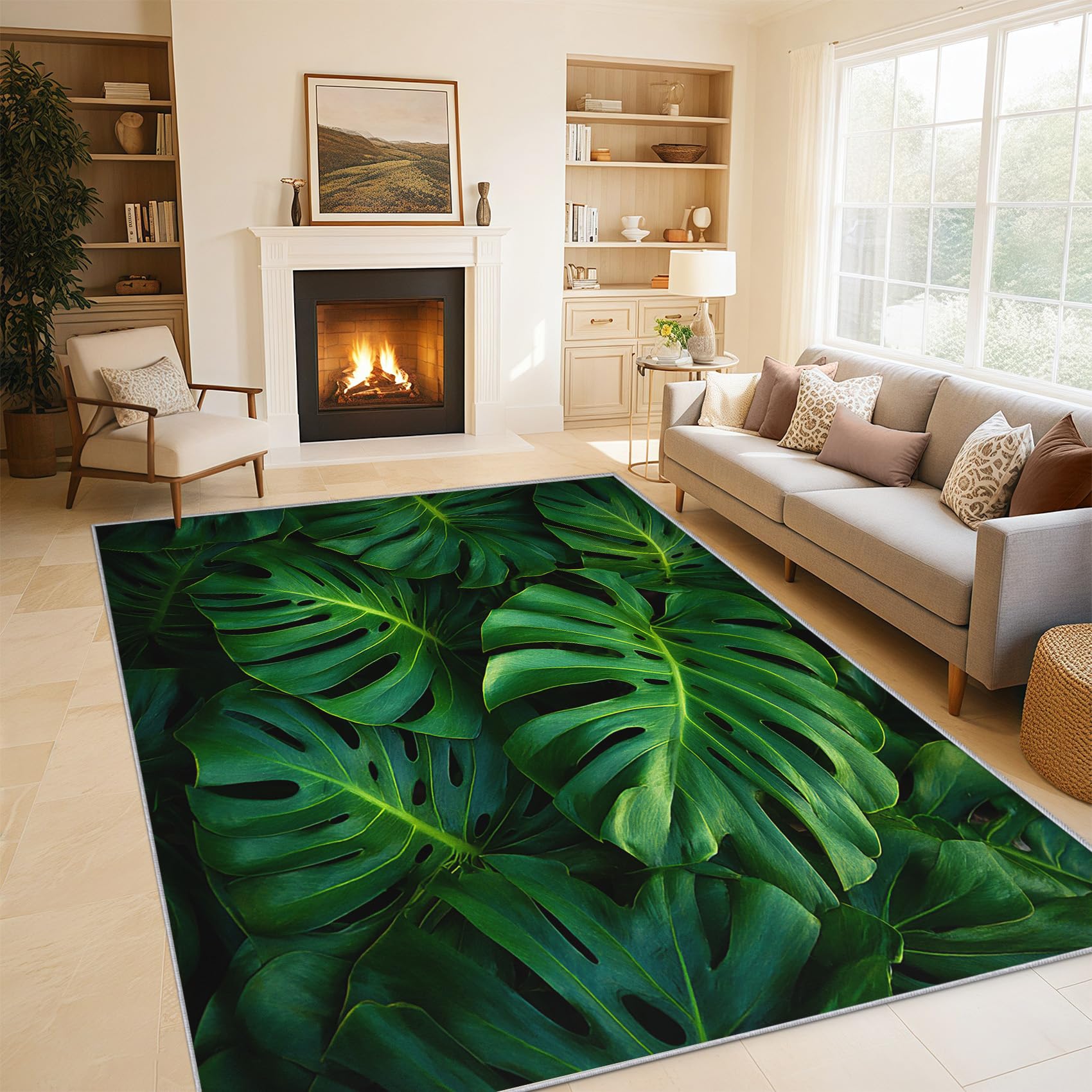 Monstera tapis plantes tropicales modernes 200x230cm poils courts