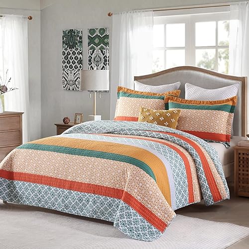 Vista 71 de SahSahCasa Juego de edredón tamaño King, edredón floral 100% algodón, juego de ropa de cama King, edredón reversible ligero de retazos para todas