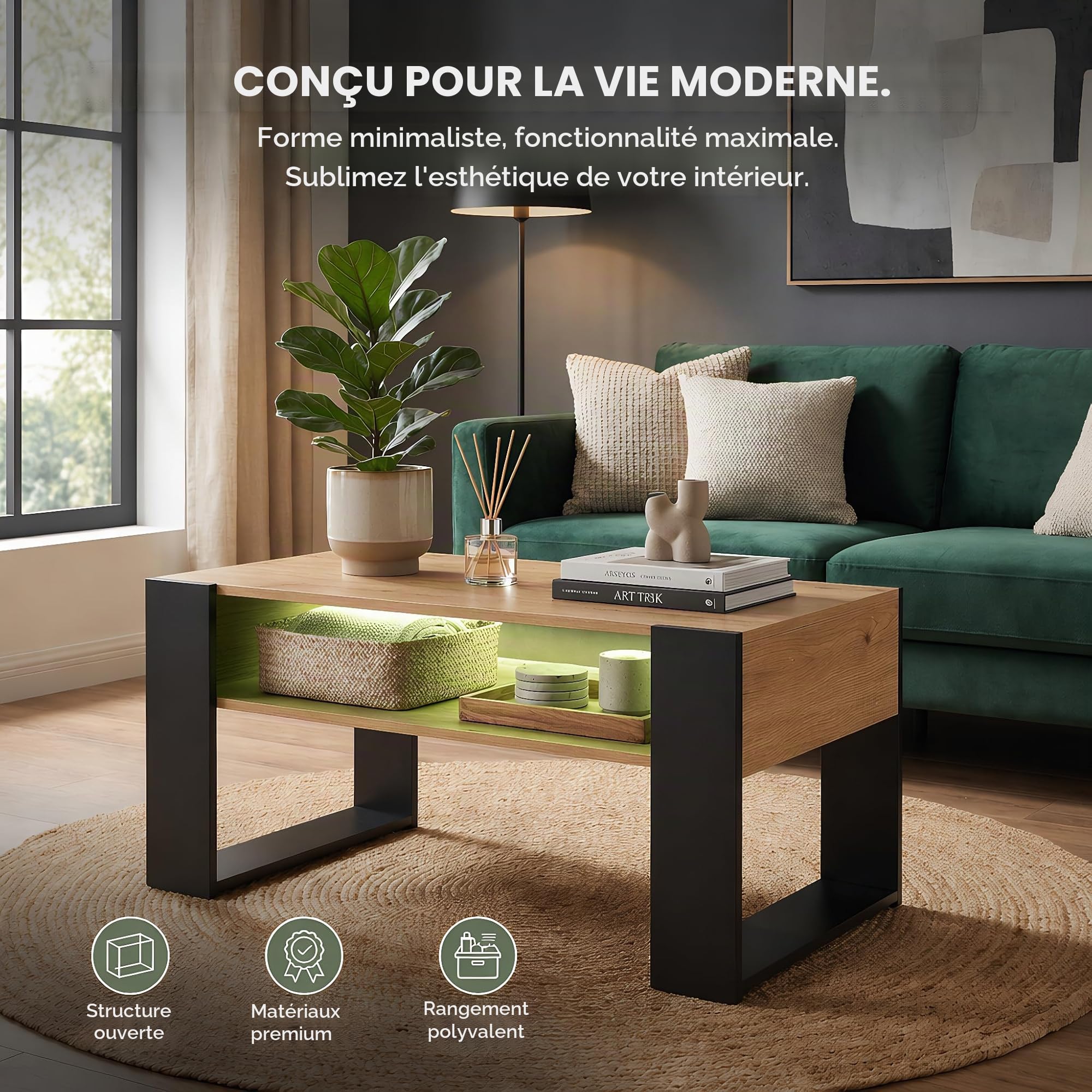 Table Basse avec LED et Rangement, 92 x 47 x 45 cm, Table de Salon Bois, Table de Canapé Moderne avec Pieds en U, Rectangle, Bois et Noir
