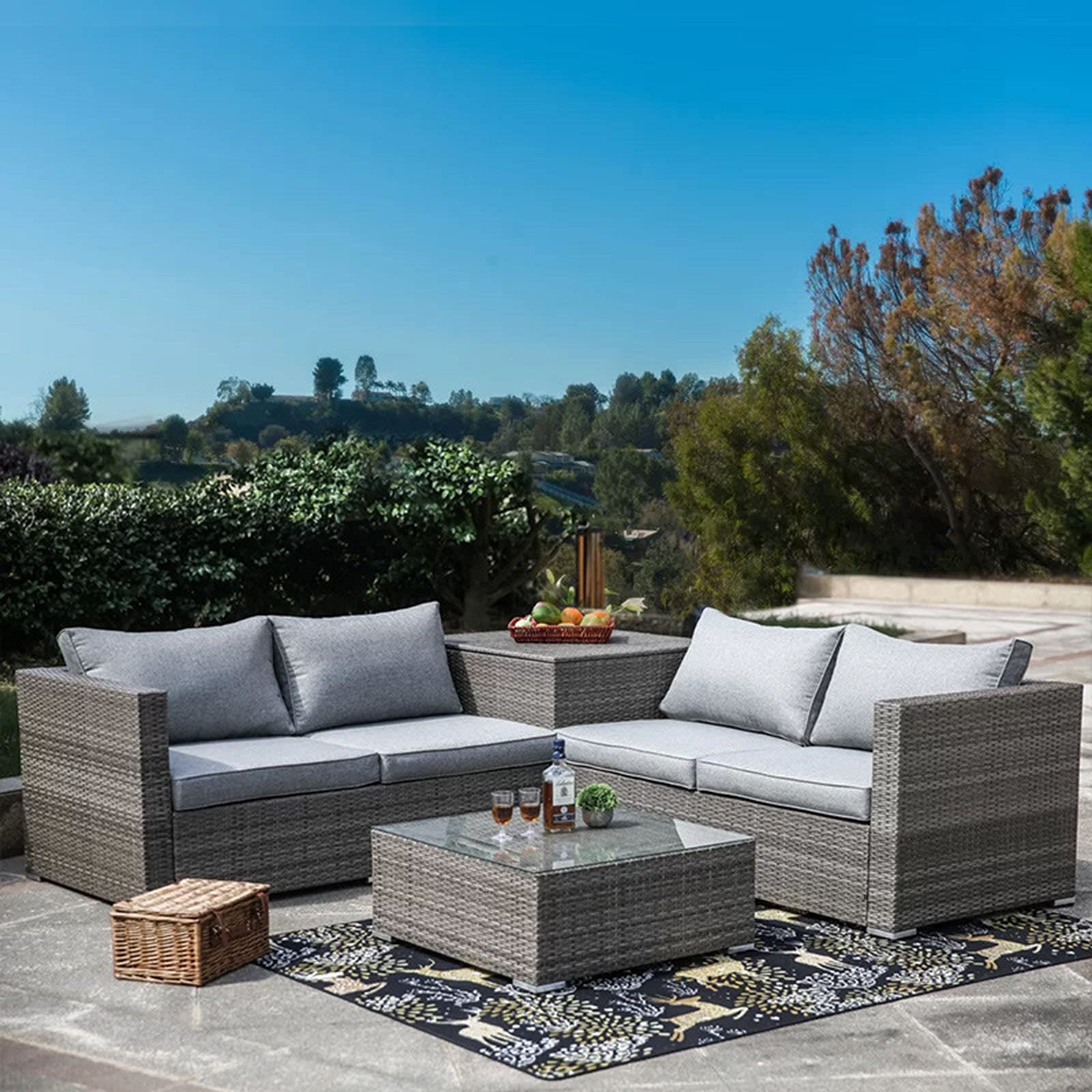 5 Pcs Rattan Garden Furniture Set W/Tall Glass-Top Table Aluminium Frame Plastic Wicker Thick Soft Cushions Comfortable Outdoor Balcony Home Sofa for Patio Lawn Backyard Swimming Pool,Gray