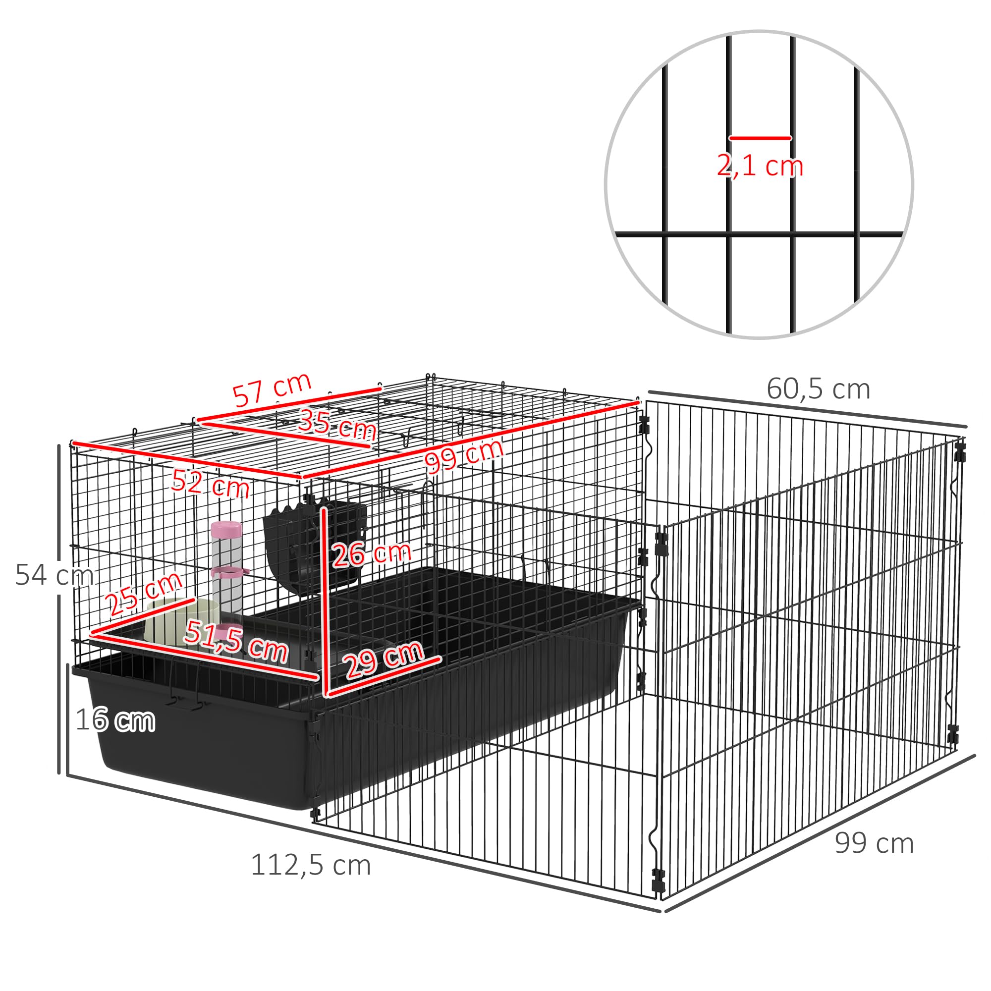PawHut 99 cm Jaula para Animales pequeños con corralito, Jaula para Animales pequeños con Bebedero, comedero, Jaula para roedores con comedero, Jaula para cobayas para Animales pequeños Acero Negro | Jaula para roedores con botella de agua, comedero, come
