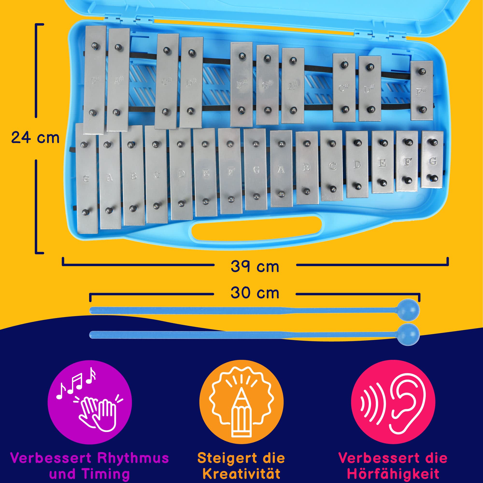 A-Star 25-Noten-Sopran-Chromatisches Glockenspiel-Xylophon im blauen Gehäuse mit silbernen Tasten und zwei Kunststoffschlägeln – 2 Oktaven G5 bis G7