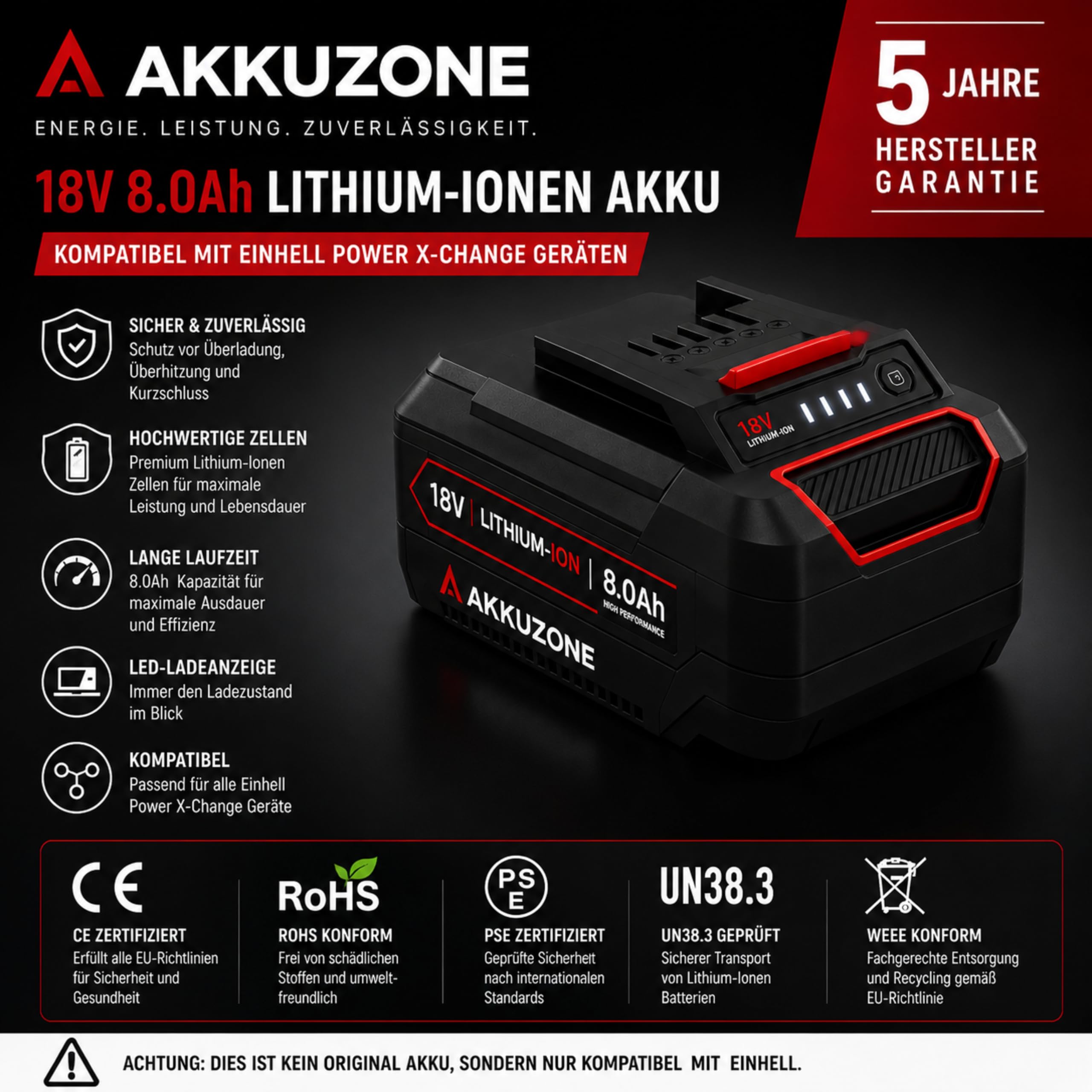 Batería de repuesto de 18 V y 8,0 Ah compatible con Einhell Power X-Change – Batería de ion de litio con indicador LED de estado de carga y sistema de gestión de batería