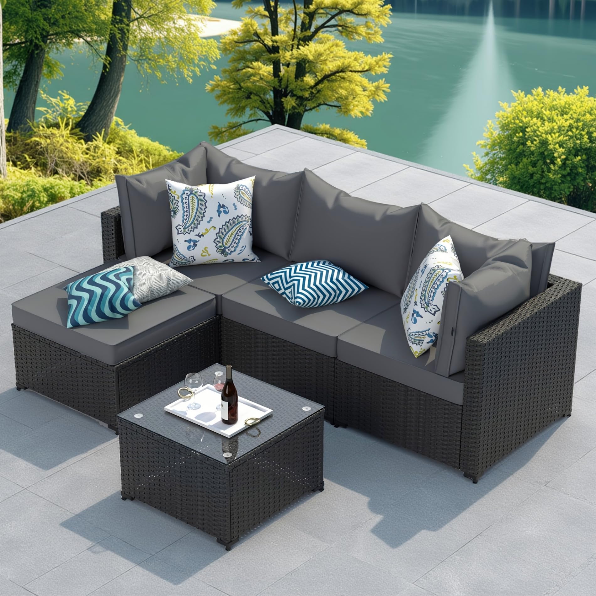 Kecreque Patio Furniture Set 5 PCS Outdoor Patio Sofa PE Wicker Patio Conversation Sets w/ 4" Anti-SLI/Waterproof Cushions & Coffee Table Outside