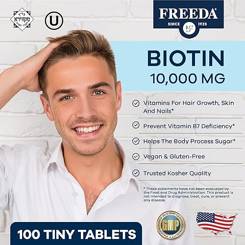 Miniatura 2 de FREEDA Biotin 10,000 mcg - Suplemento Kosher para el cabello, la piel y las uñas - B7 de alta potencia para el crecimiento del cabello y uñas