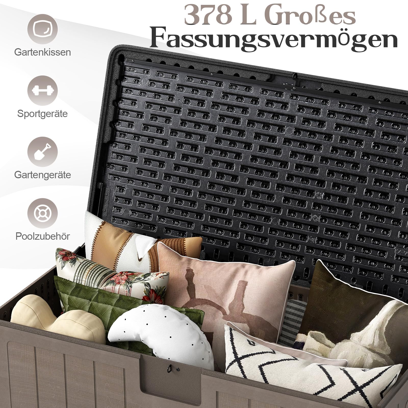 GOPLUS 378 L Gartenbox, Auflagenbox wasserdicht, Aufbewahrungsbox mit abschließbarem Deckel & Griff, Kissenbox für Garten, Gartentruhe für Terrasse, Poolzubehör & Gartengeräte (Schwarz+Braun)