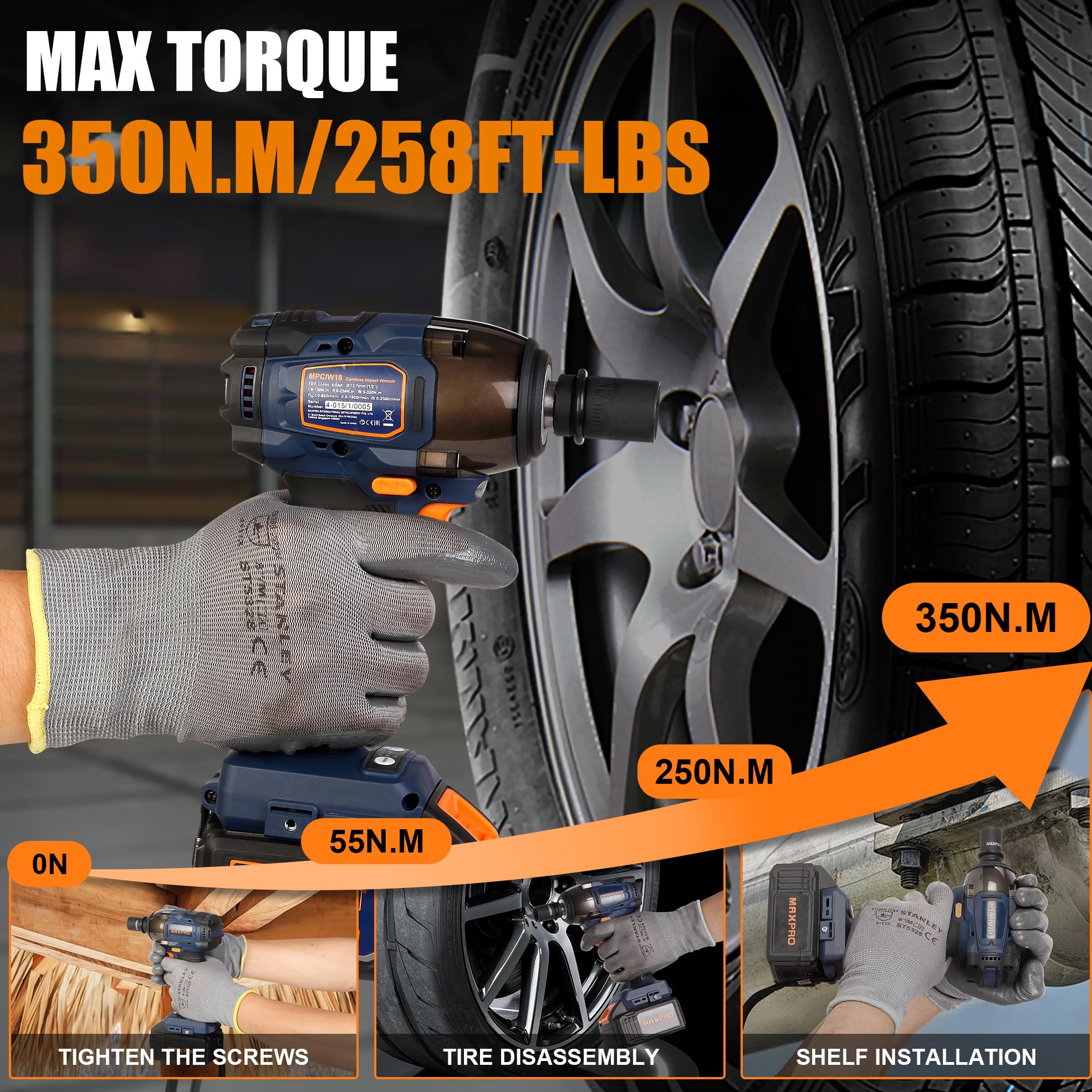 MAXPRO Clé à Chocs Sans Fil Brushless 350Nm, 18V Boulonneuse a Choc Electrique avec une Batterie 4.0Ah, 3 vitesses réglables, Fréquence d'impact 2550RPM, 4 Douilles à Chocs, Lumière LED